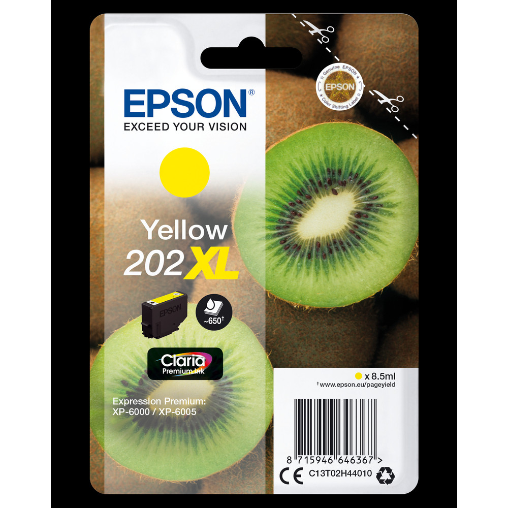 Epson Kiwi Singlepack Yellow 202XL Claria Premium Ink, Rendement élevé (XL), Jaune, Encre à pigments, 8,5 ml, 1 pièce(s), 650 pages C13T02H44010