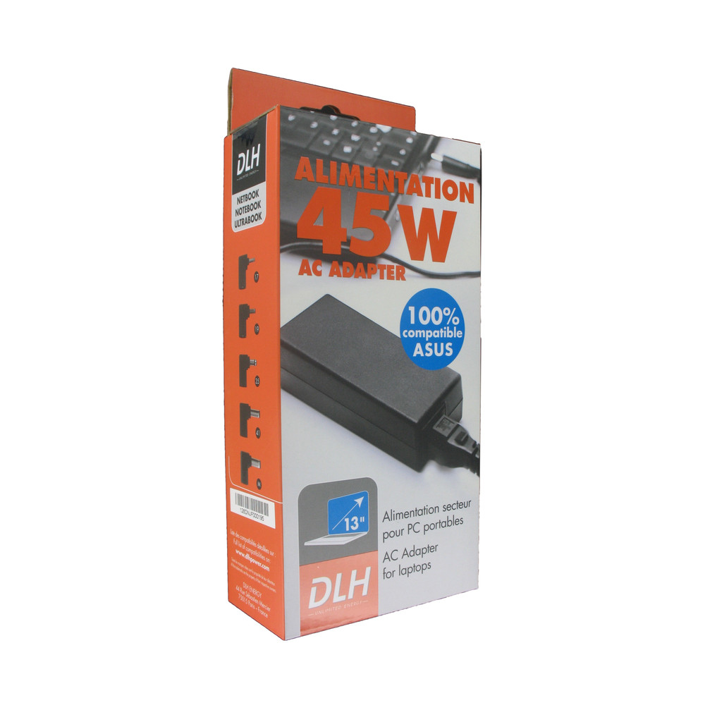 DLH Alimentation secteur 45W Asus 100% compatible (sauf USB-C), Ordinateur portable, Intérieure, 100-240 V, 50/60 Hz, 45 W, 19 V DY-AI3144