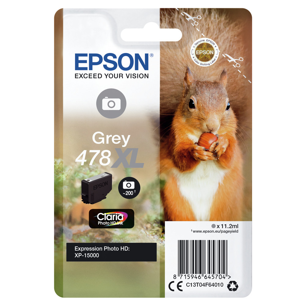 Epson Squirrel Encre grise Claria Photo HD Écureuil 478XL, High (L) Yield, Gris, Encre à colorant, 11,2 ml, 1 pièce(s), Paquet unique C13T04F64010