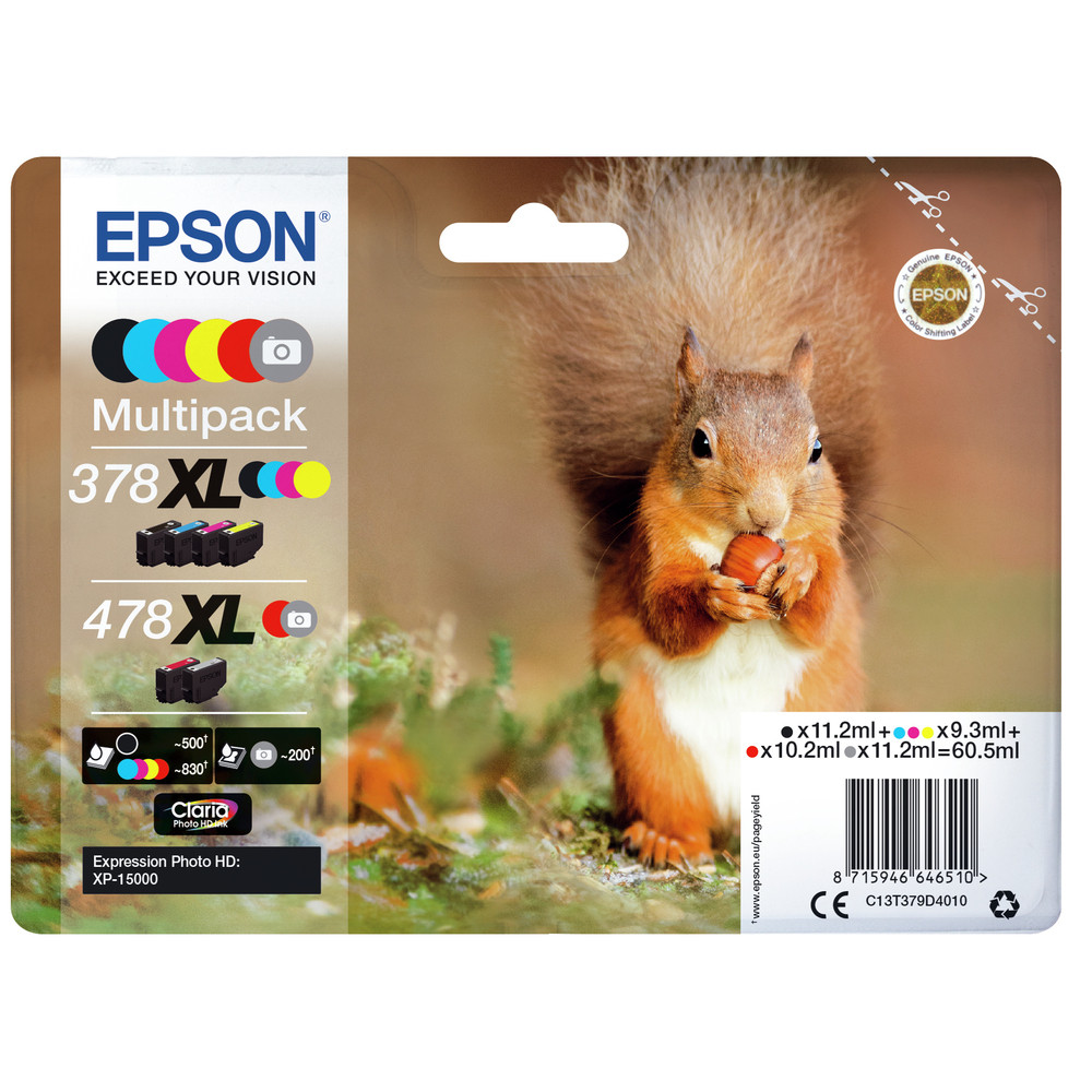 Epson Squirrel Multipack 6-colours 378XL / 478XL Claria Photo HD Ink, Rendement élevé (XL), Noir, Cyan, Magenta, Jaune, Rouge, Gris, 11,2 ml, 9,3 ml,