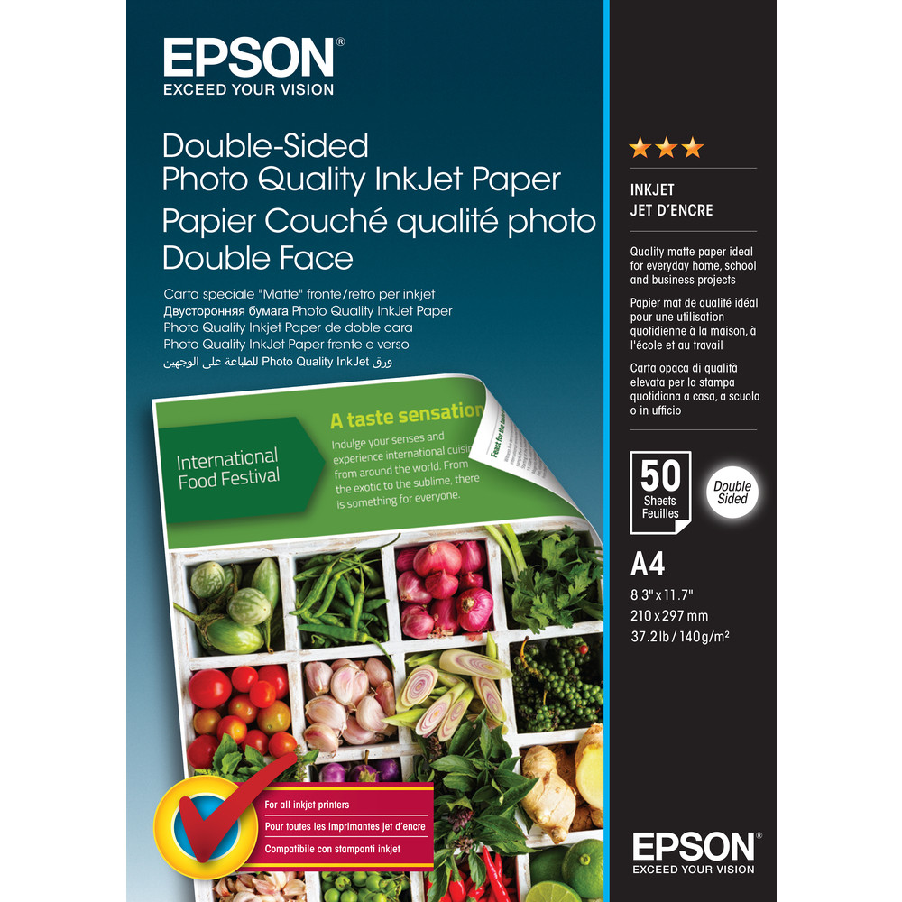 Epson Double-Sided Photo Quality Inkjet Paper - A4 - 50 Sheets, Impression  jet d'encre, A4 (210x297 mm), Mat, 50 feuilles, 140 g/m, 220 mm C13S4000