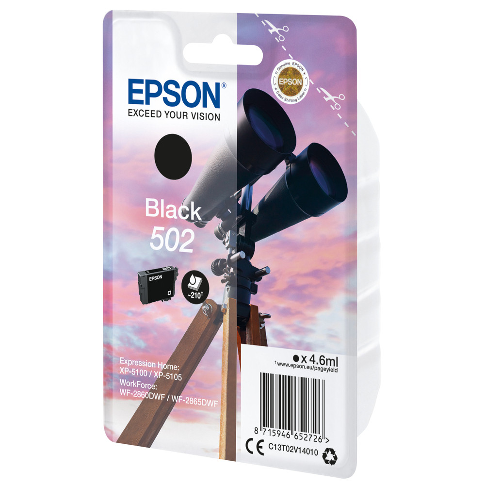 Epson Singlepack Black 502 Ink, Rendement standard, Noir, Encre à pigments, 4,6 ml, 1 pièce(s), 210 pages C13T02V14020
