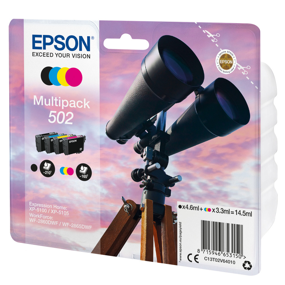 Epson Multipack 4-colours 502 Ink, Rendement standard, Noir, Cyan, Magenta, Jaune, 4,6 ml, 3,3 ml, 1 pièce(s), 210 pages C13T02V64020