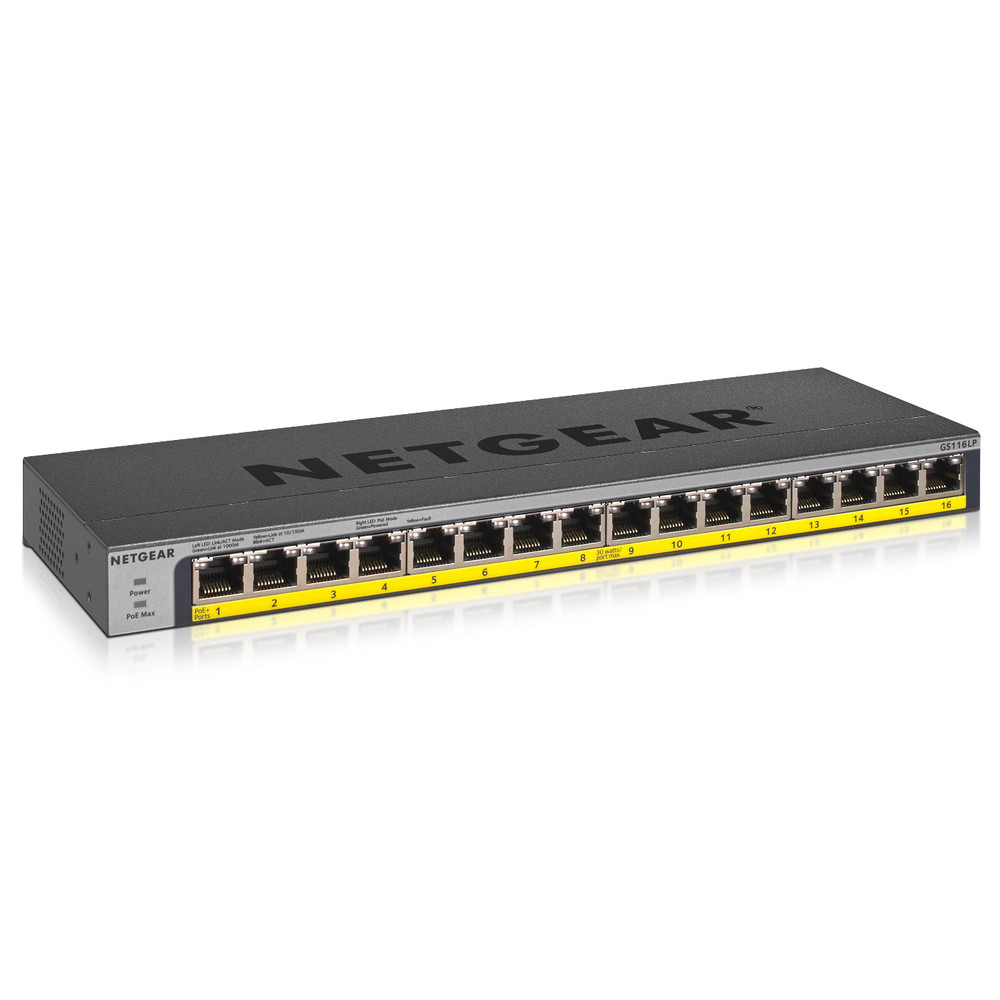 Netgear GS116LP, Non-géré, Gigabit Ethernet (10/100/1000), Connexion Ethernet, supportant l'alimentation via ce port (PoE), Grille de montage GS116LP-