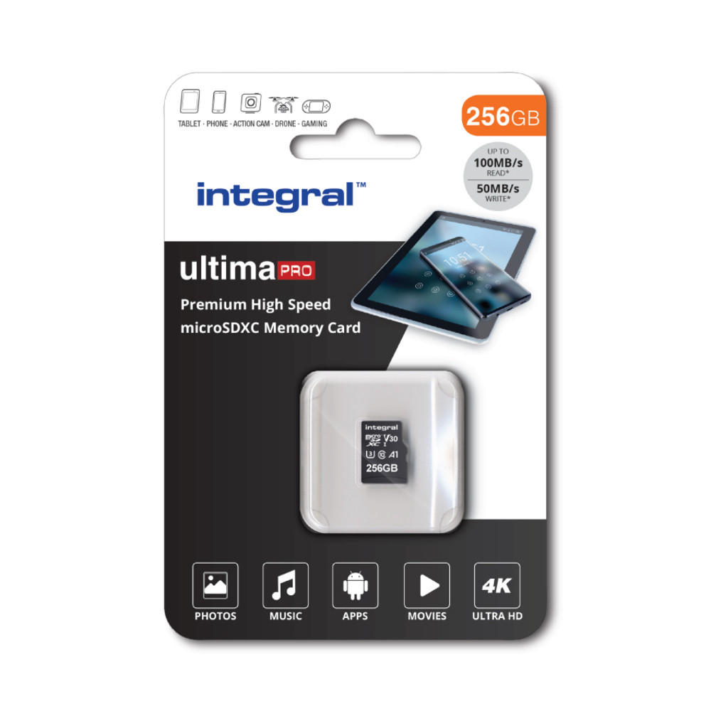 Integral 256GB PREMIUM HIGH SPEED MICROSDHC/XC V30 UHS-I U3, 256 Go, MicroSD, UHS-I, 100 Mo/s, 90 Mo/s, Class 3 (U3) INMSDX256G-100/90V30