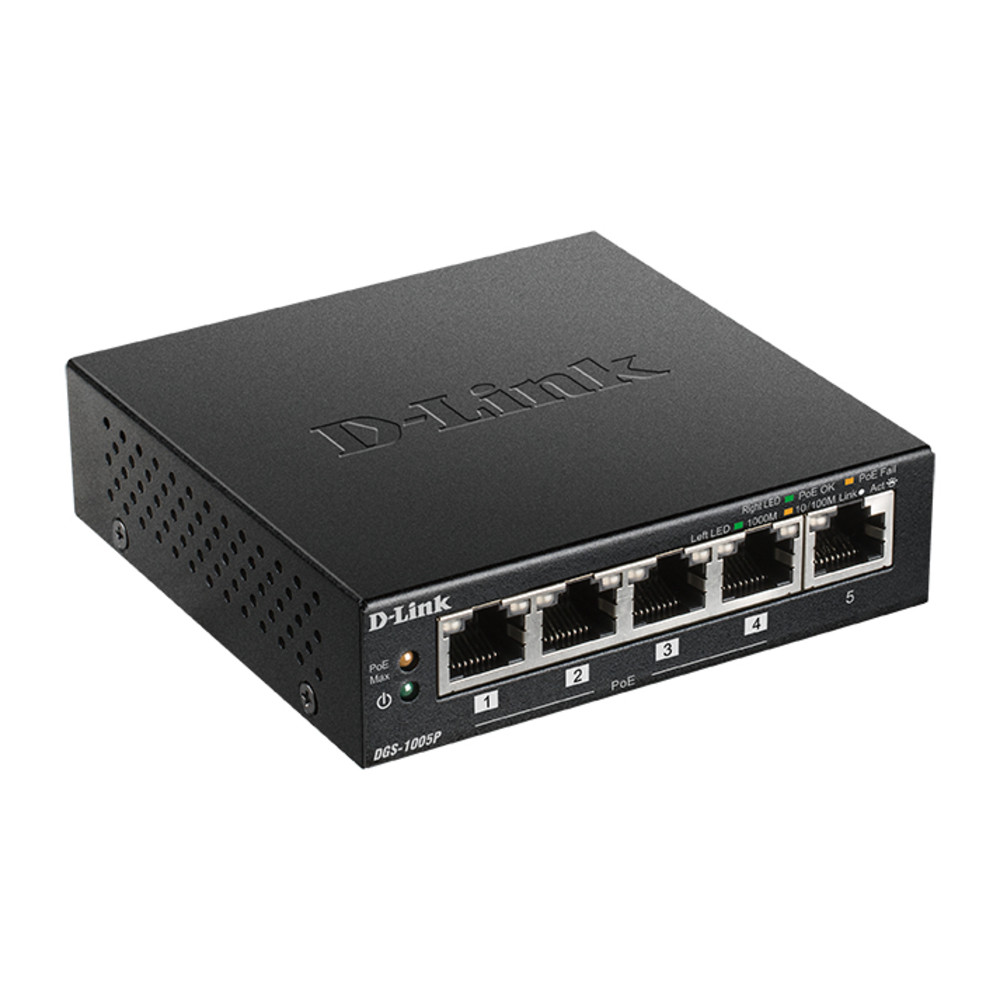 D-Link DGS-1005P, Non-géré, L2, Gigabit Ethernet (10/100/1000), Full duplex, Connexion Ethernet, supportant l'alimentation via ce port (PoE), Montage