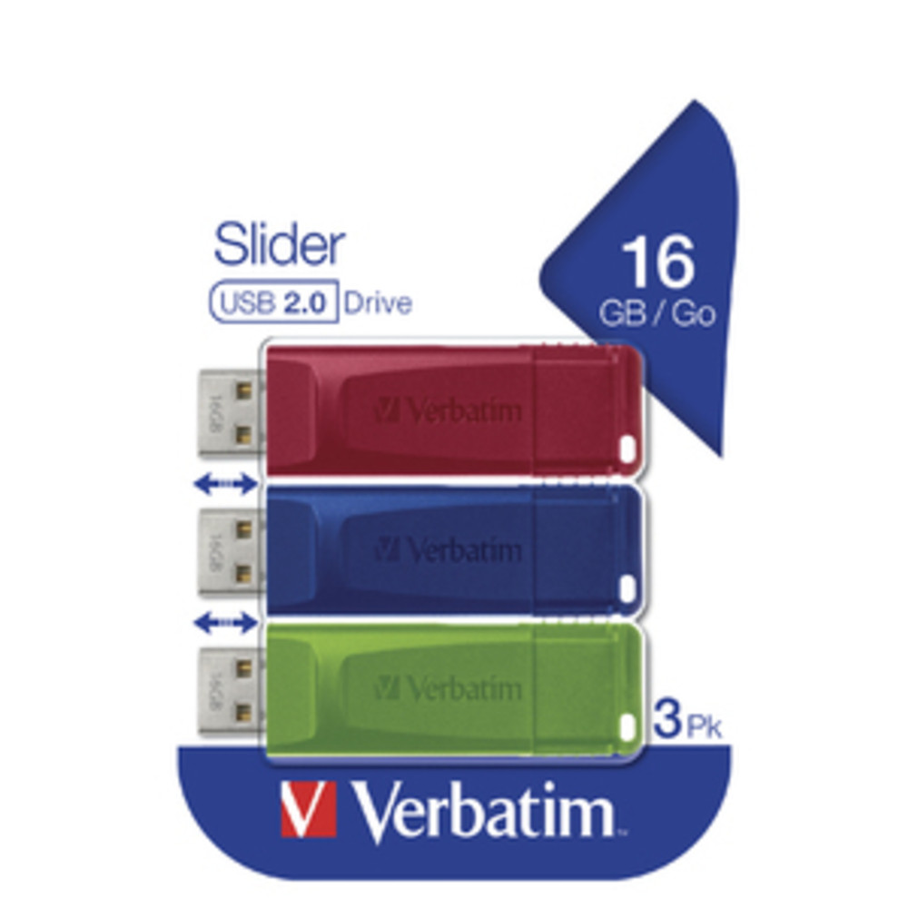 Verbatim Clé USB - Multipack de 16 Go, 16 Go, USB Type-A, 2.0, Slide, 8 g, Bleu, Vert, Rouge 49326