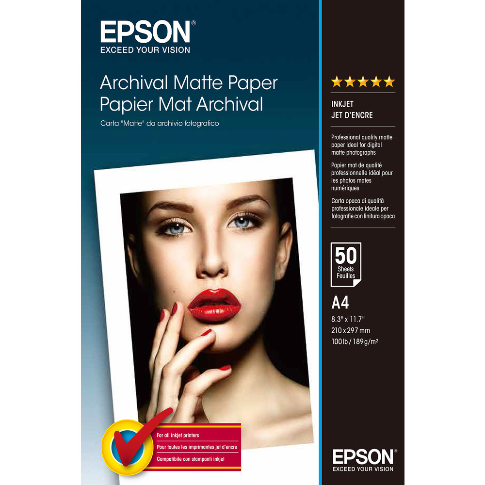 Epson Archival Matte Paper - A4 - 50 Feuilles, Mat, 192 g/m, A4, Blanc, 50 feuilles, WorkForce Pro WF-C5790DWF SureColor SC-T7200D SureColor SC-T7200