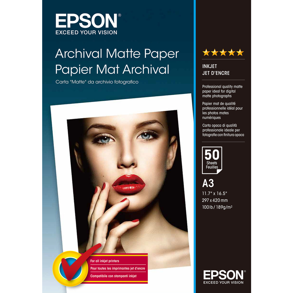 Epson Pap Mat Archival A3 (50f./189g), Mat, 189 g/m, A3, Blanc, 50 feuilles, SureColor SC-T7200D SureColor SC-T7200 SureColor SC-T5405 SureColor SC-T