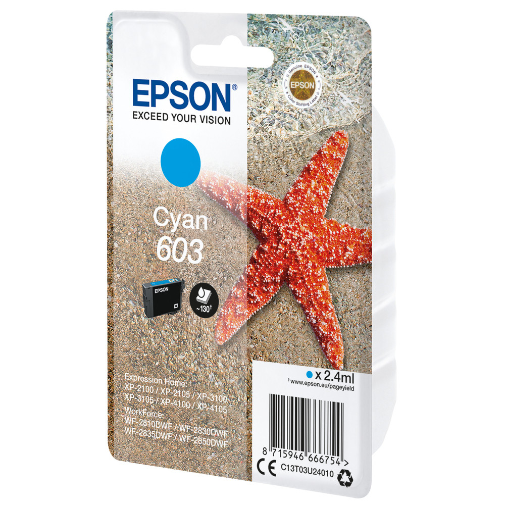 Epson Singlepack Cyan 603 Ink, Rendement standard, Cyan, 2,4 ml, 1 pièce(s) C13T03U24020