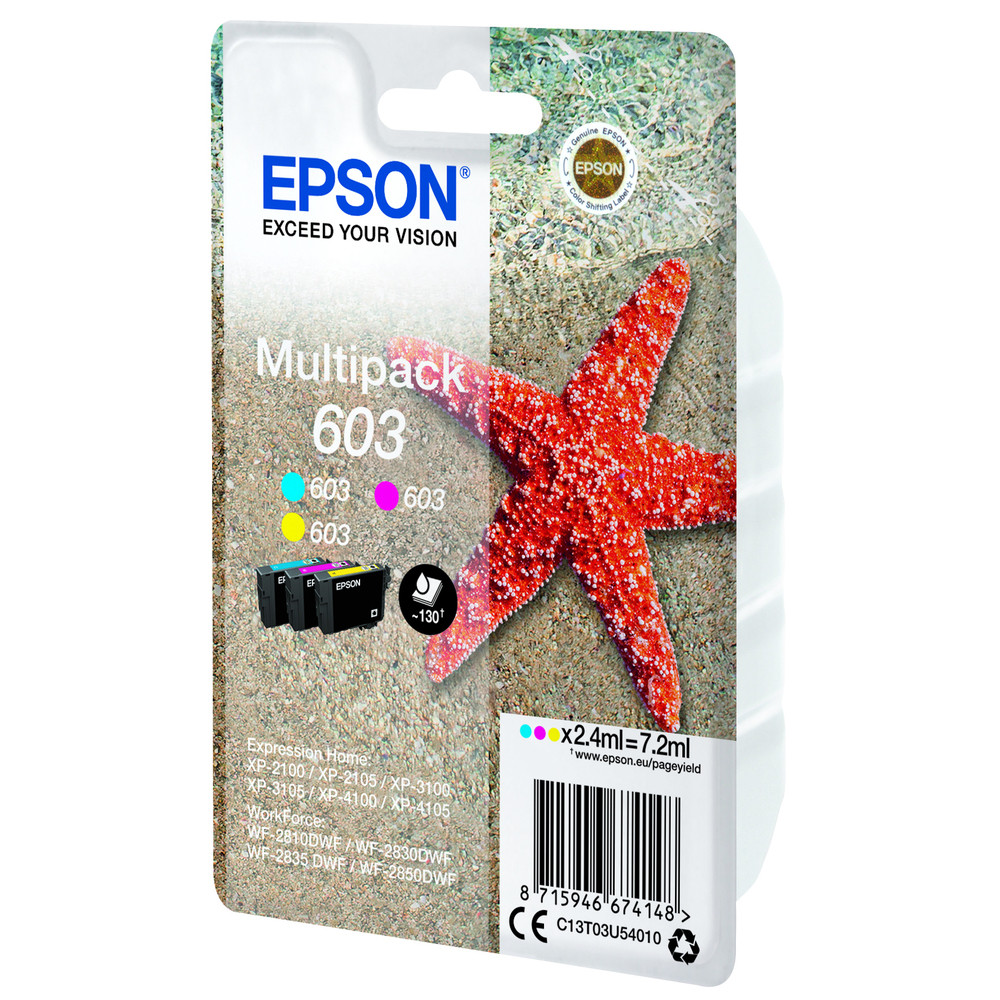 Epson Multipack 3-colours 603 Ink, Rendement standard, Cyan, Magenta, Jaune, 2,4 ml, 1 pièce(s), 130 pages, Multi pack C13T03U54010