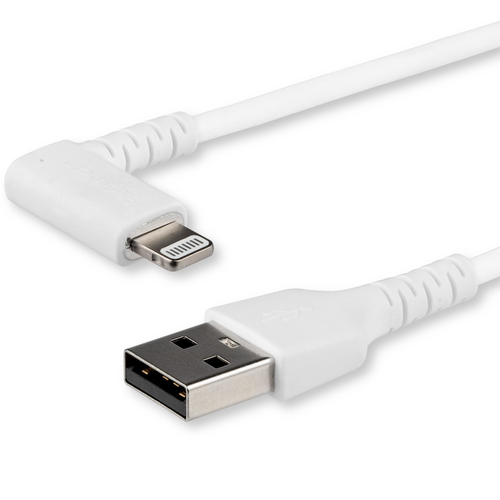 StarTech.com Câble USB-A vers Lightning Blanc Robuste 1m Coudé à 90° - Câble de Charge/Synchronisation USB Type A vers Lightning en Fibre Aramide Robu