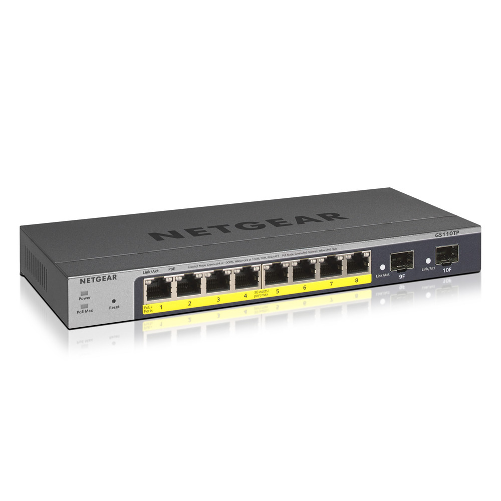 Netgear GS110TP, Géré, L2/L3/L4, Gigabit Ethernet (10/100/1000), Full duplex, Connexion Ethernet, supportant l'alimentation via ce port (PoE) GS110TP-