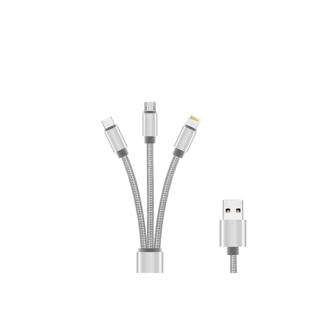 DLH CABLE 3 EN 1 USB-A VERS USB-C / MICRO USB / APPLE LIGHTNING, Argent, Blanc, USB A, 1,2 m, Mâle, Compatible pour charger tous les smartphones USB-C