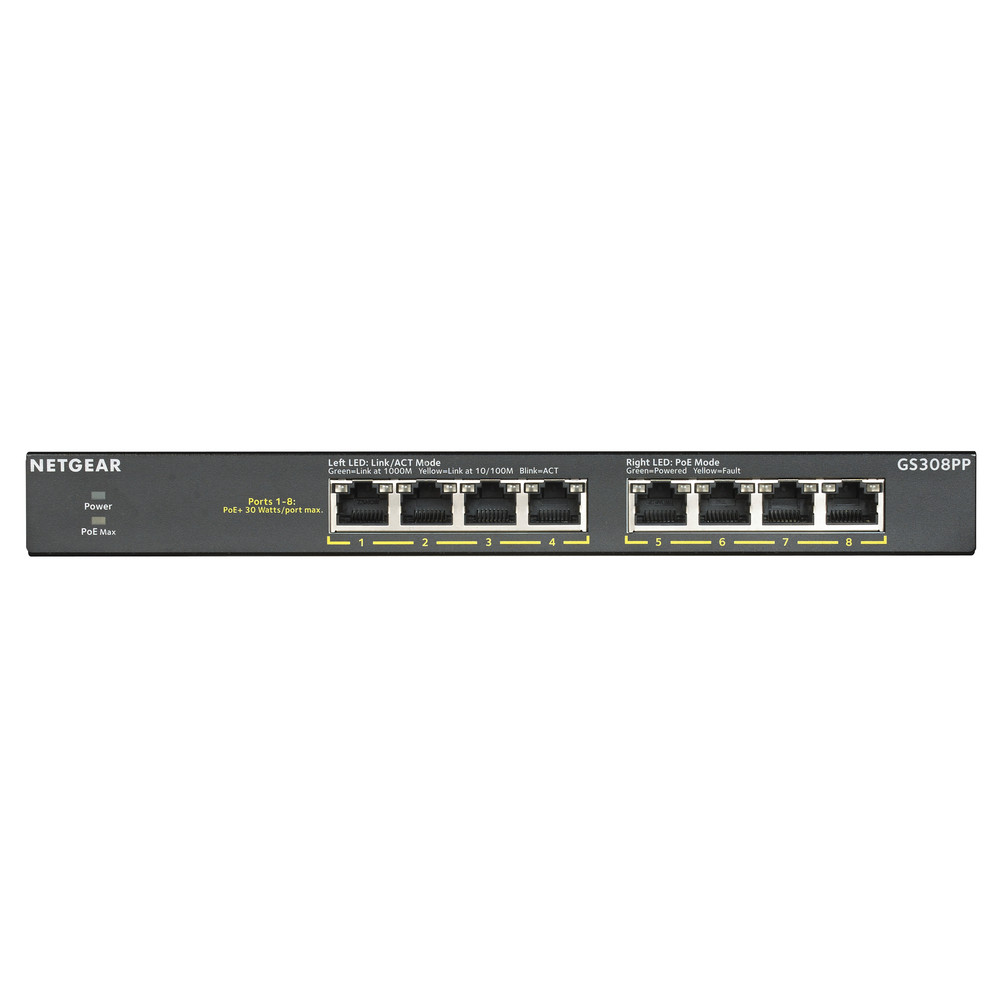 Netgear GS308PP, Non-géré, Gigabit Ethernet (10/100/1000), Full duplex, Connexion Ethernet, supportant l'alimentation via ce port (PoE), Montage mural