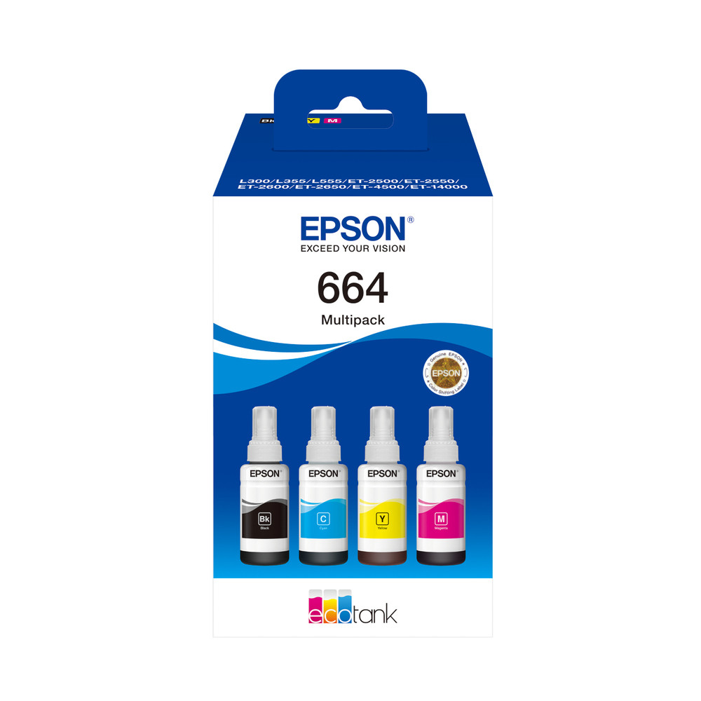 Epson 664 EcoTank 4-colour Multipack, Original, Noir, Cyan, Magenta, Jaune, EcoTank L555 EcoTank L355 EcoTank ET-4500 EcoTank ET-2650 EcoTank ET-2600