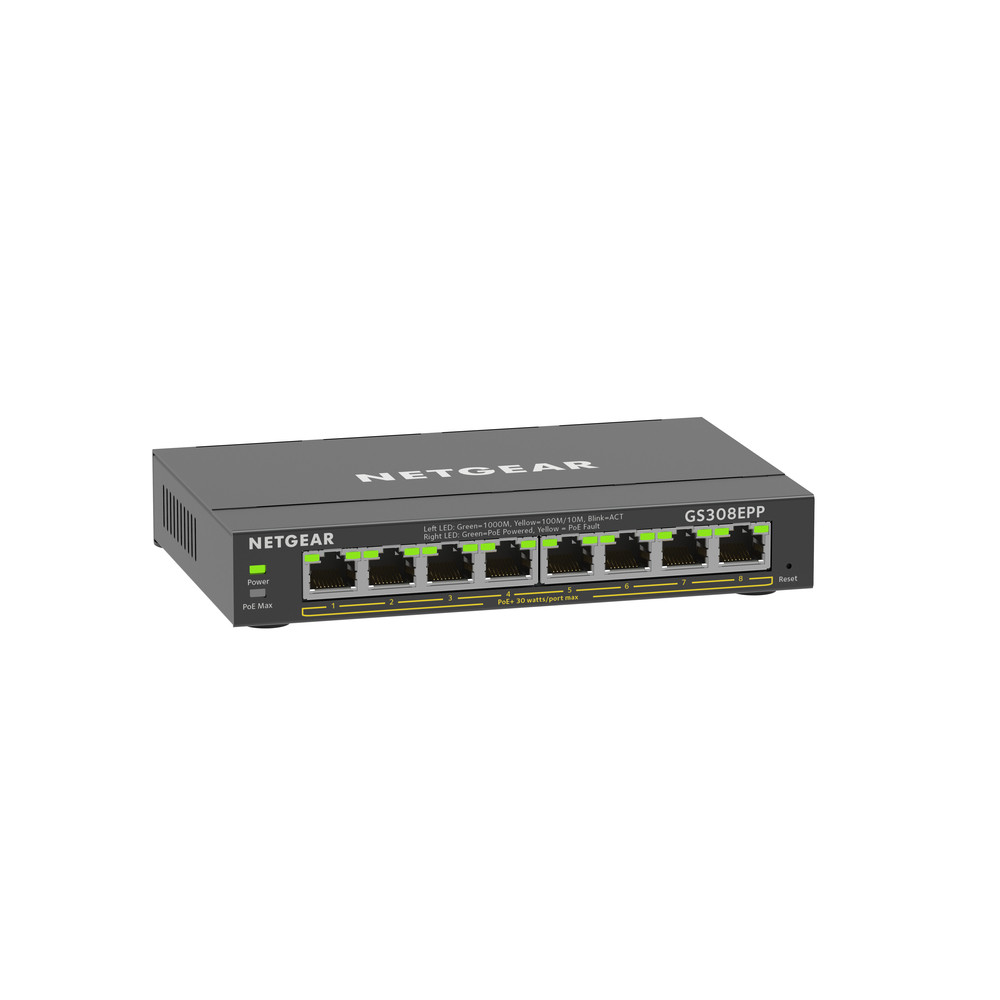 NETGEAR  GS308EPP, G&eacute;r&eacute;, L2/L3, Gigabit Ethernet (10/100/1000), Full duplex, Connexion Ethernet, supportant l'alimentation via ce port (PoE) GS308EPP-1