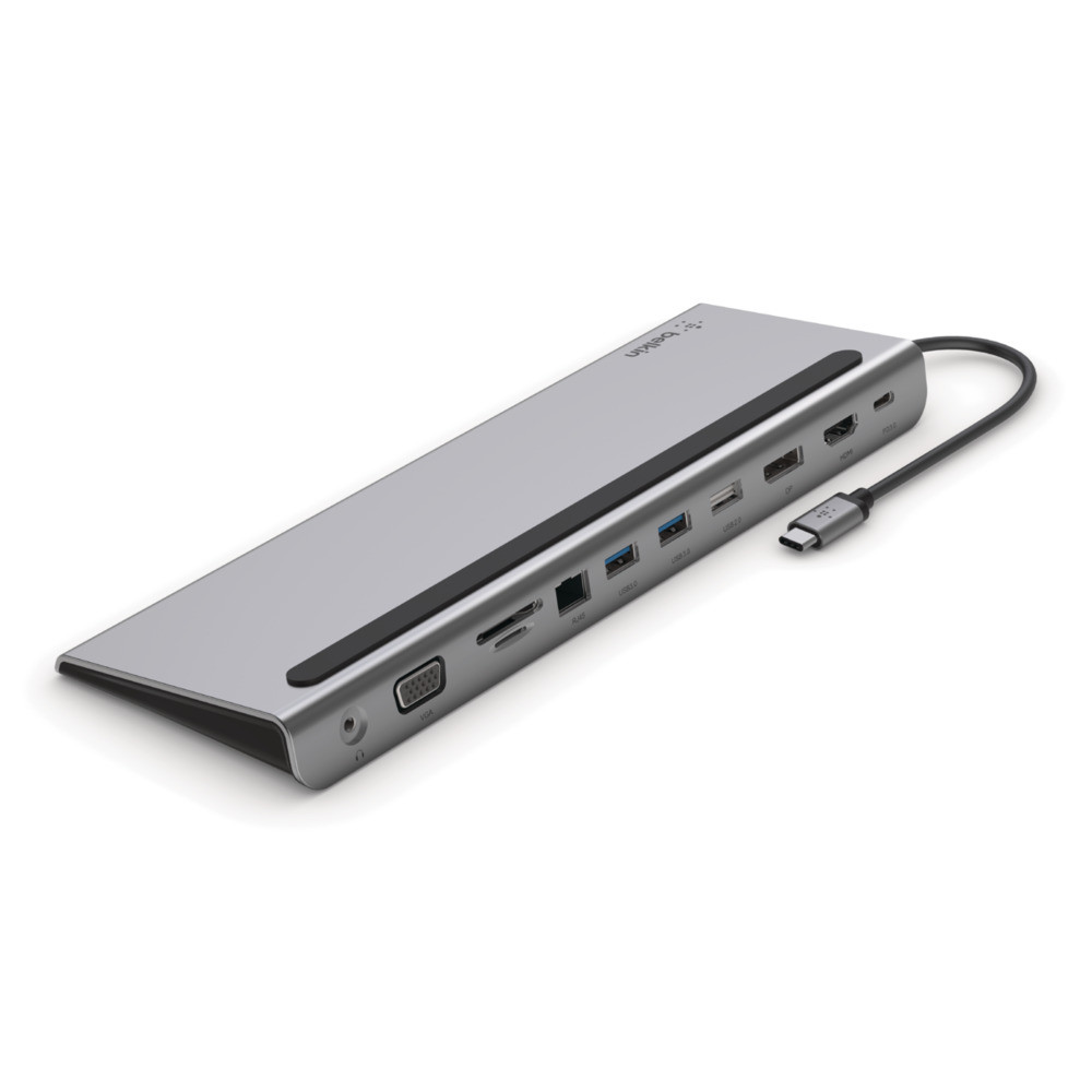 Belkin USB-C 11-in-1 Multiport Dock, Avec fil, USB 3.2 Gen 1 (3.1 Gen 1) Type-C, 100 W, 3,5 mm, 1000 Mbit/s, Noir, Gris INC004BTSGY