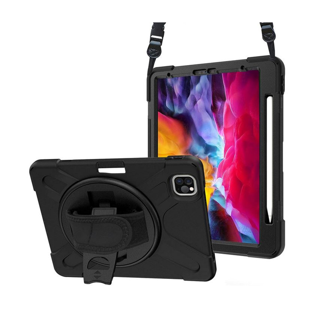 DLH COQUE RENFORCEE AVEC EMPLACEMENT STYLET, BANDOULIERE, POIGNEE ROTATIVE ET PIED SUPPORT POUR APPLE IPAD PRO 11' 1ere et 2eme generation (2018 / 202