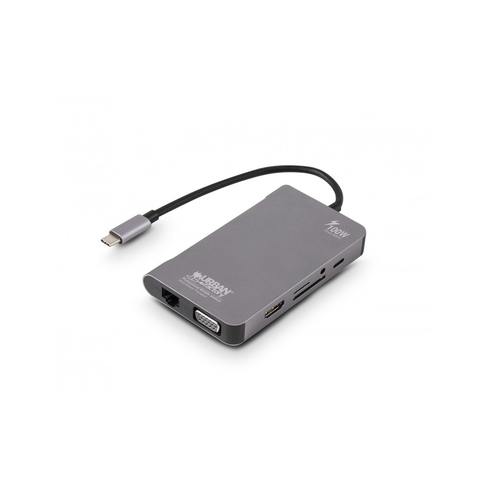 Urban Factory TCM16UF, Avec fil, USB 3.2 Gen 1 (3.1 Gen 1) Type-C, 96 W, 3,5 mm, 10,100,1000 Mbit/s, Gris