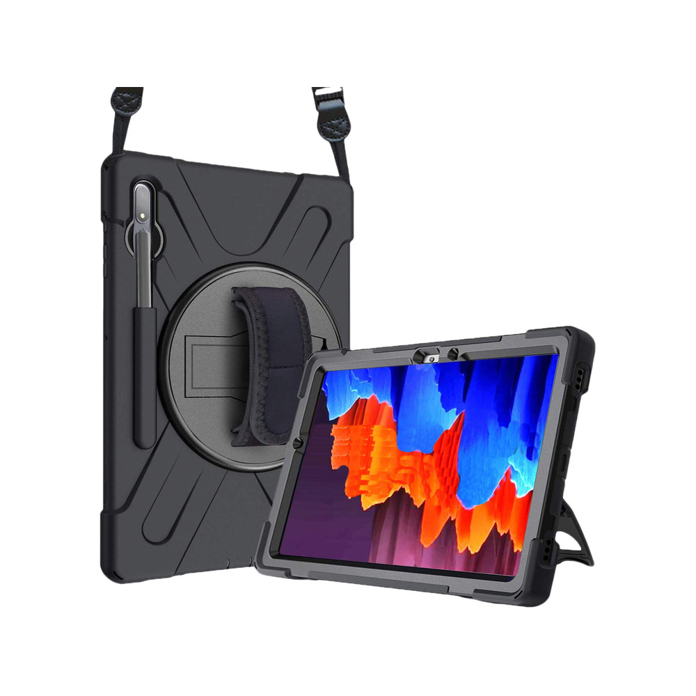 DLH Coque renforcée avec emplacement stylet, bandoulière, poignée rotative et pied support pour SAMSUNG Galaxy Tab S7 FE (SM-T730 / SM-T733 / SM-T735