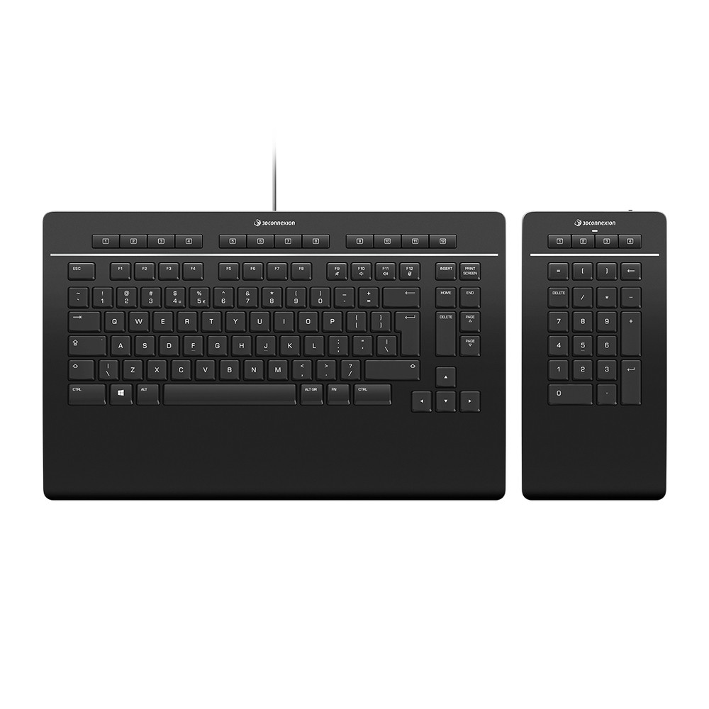 3Dconnexion Keyboard Pro with Numpad, Taille réelle (100 %), Avec fil &sans fil, USB + RF Wireless + Bluetooth, Commutateur de touche « ciseaux », AZE