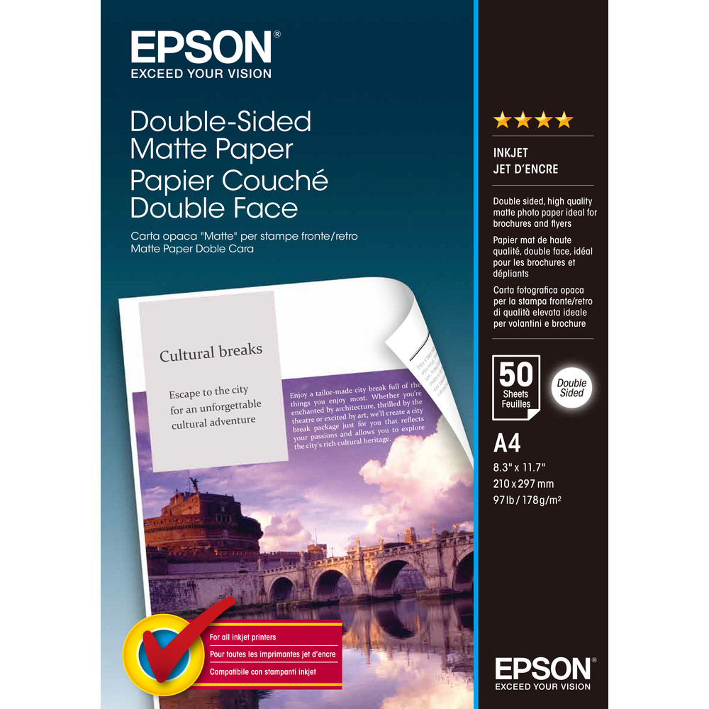 Epson Double-Sided Matte Paper - A4 - 50 Feuilles, Mat, 178 g/m, A4, Blanc, 50 feuilles, Epson Stylus Color 600, Epson Stylus Color 400, Stylus Photo