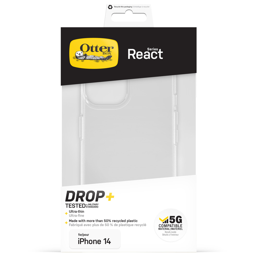OtterBox React Srie Coque pour iPhone 14, Antichoc, anti-chute, ultra-mince, protection fine, test selon les normes militaires, Antimicrobien, Clear