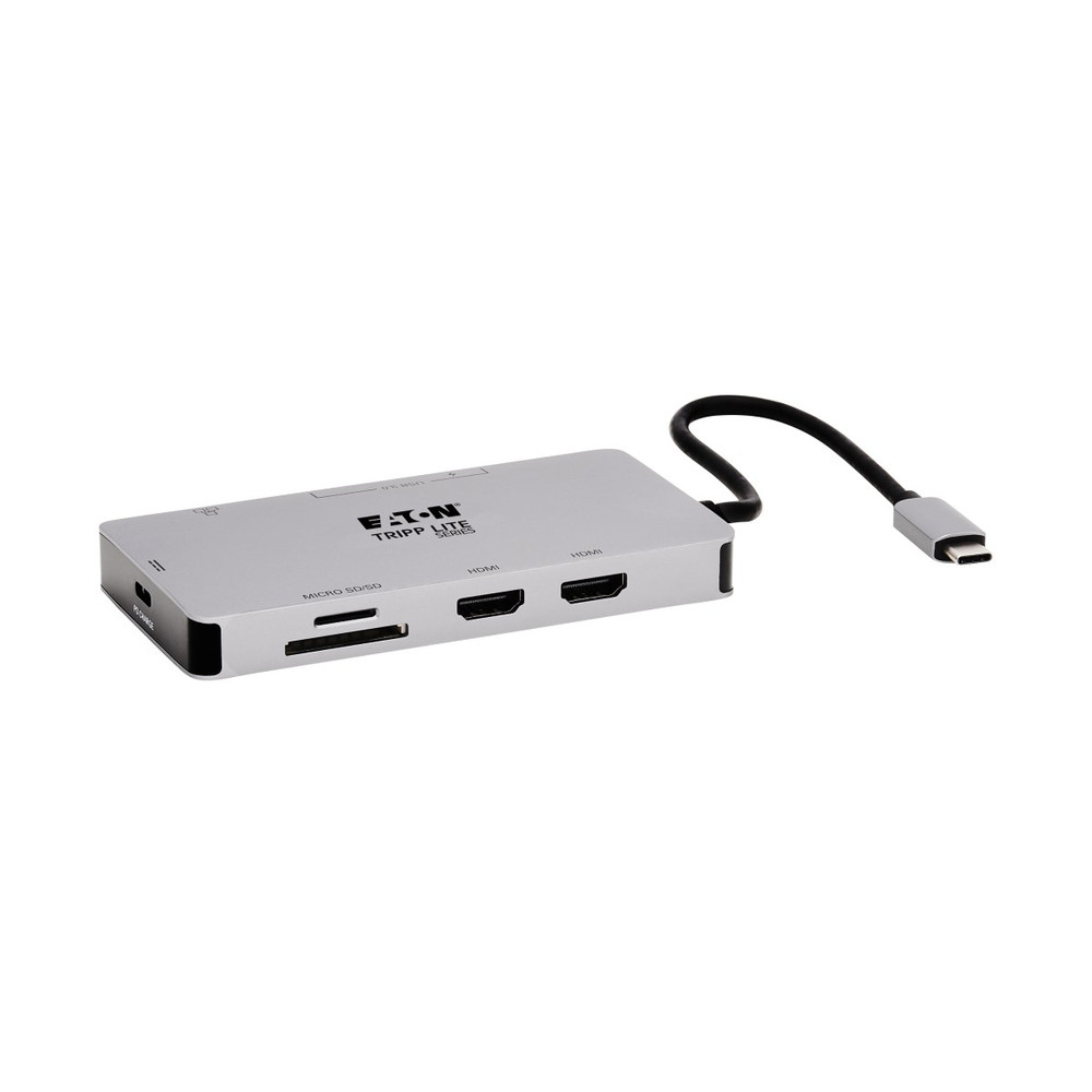 Tripp Lite U442-DOCK8G-GG, Avec fil, USB 3.2 Gen 1 (3.1 Gen 1) Type-C, 100 W, 10,100,1000 Mbit/s, Noir, Gris, MicroSD (TransFlash), SD