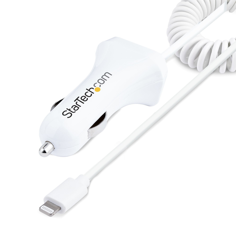 StarTech.com Chargeur Voiture Lightning avec Câble Spiralé - Chargeur Iphone 1m - Double Chargeur USB pour Telephones et Tablettes pour la Voiture - C