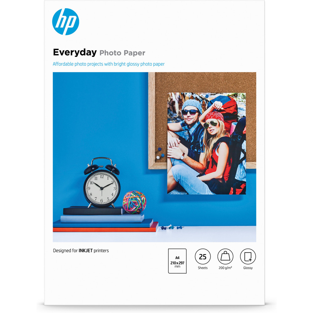 HP Papier photo brillant Everyday - 25 feuilles/A4/210 x 297 mm, Semi brillant, 200 g/m, A4, Noir, Bleu, Blanc, 25 feuilles, Professionnel, Entrepris