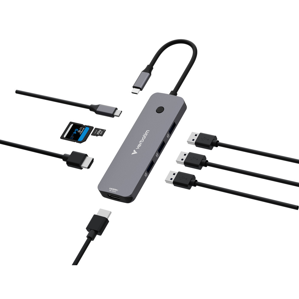 Verbatim CMH-08, USB Type-C, HDMI, USB 3.2 Gen 1 (3.1 Gen 1) Type-A, USB Type-C, MicroSD (TransFlash), SD, 5000 Mbit/s, 30 Hz, Argent 32151