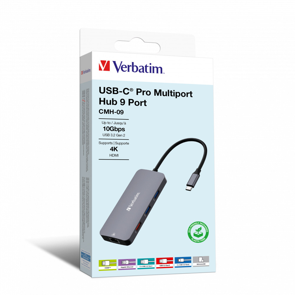 Verbatim CMH-09, USB Type-C, HDMI, RJ-45, USB 3.2 Gen 1 (3.1 Gen 1) Type-A, USB 3.2 Gen 2 (3.1 Gen 2) Type-A, USB 3.2 Gen 2..., MicroSD (TransFlash),