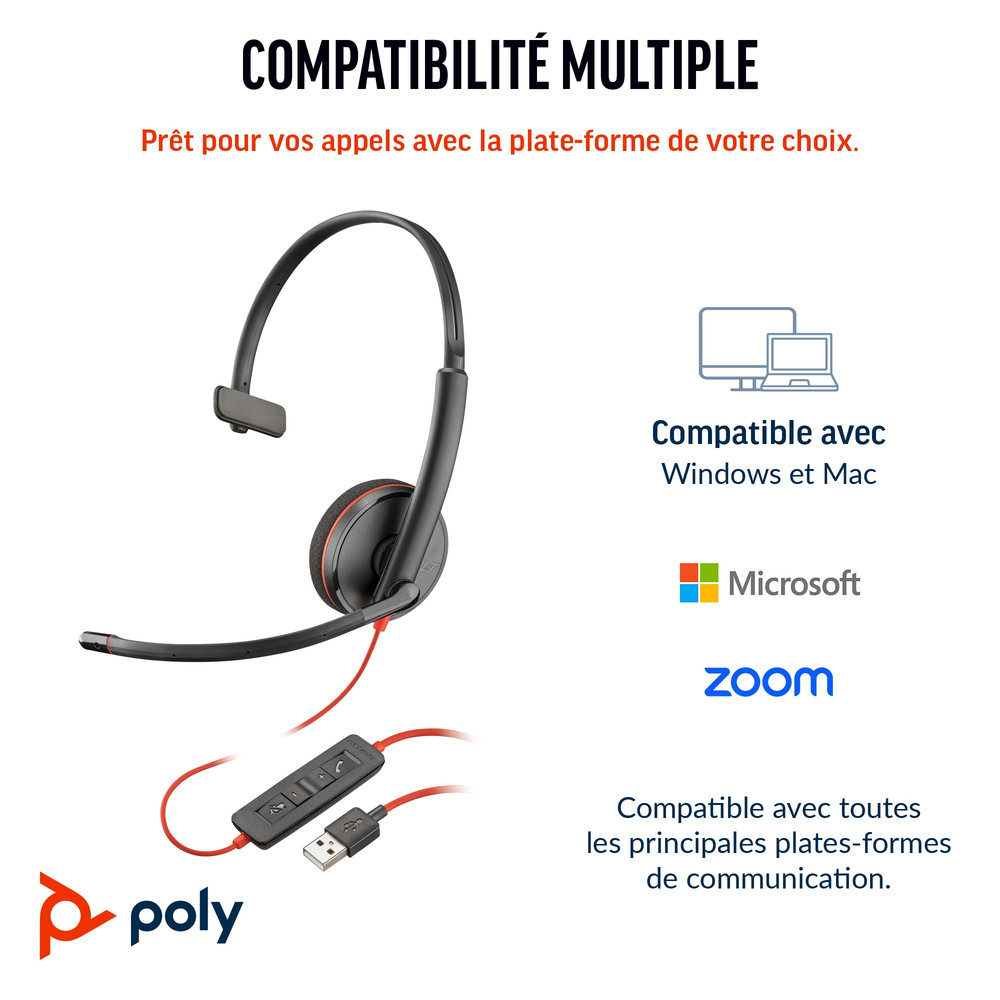 HP POLY Poly Micro-casque monaural USB-C Blackwire 3210 + adaptateur USB-C/A (lot), Avec fil, Bureau/Centre d'appels, 20 - 20000 Hz, 64 g, Casque, 