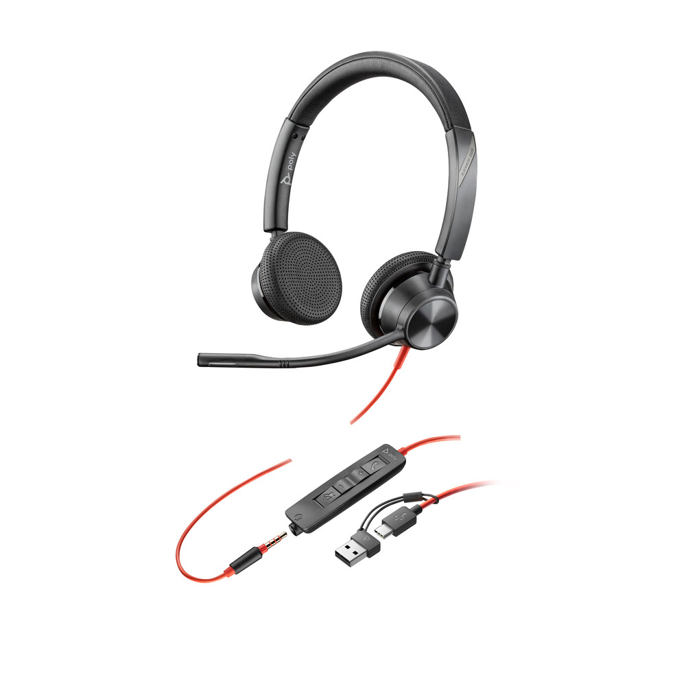 HP POLY POLY Micro-casque Blackwire 3325 stéréo USB-C + connexion 3,5 mm + adaptateur USB-C/A, Avec fil, Bureau/Centre d'appels, 20 - 20000 Hz, 131 g,