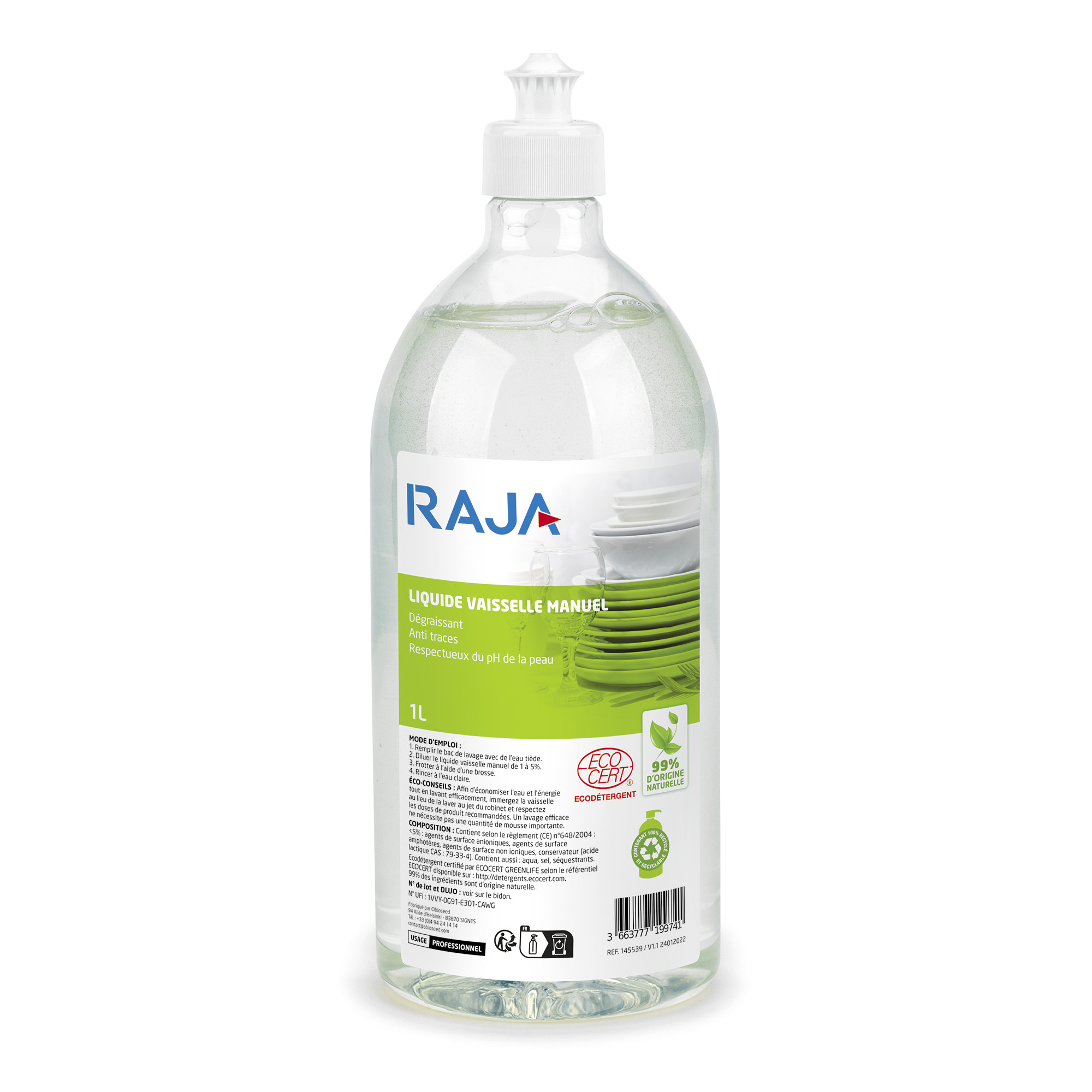 RAJA Liquide vaisselle main concentré écologique sans parfum - Flacon doseur 1 L