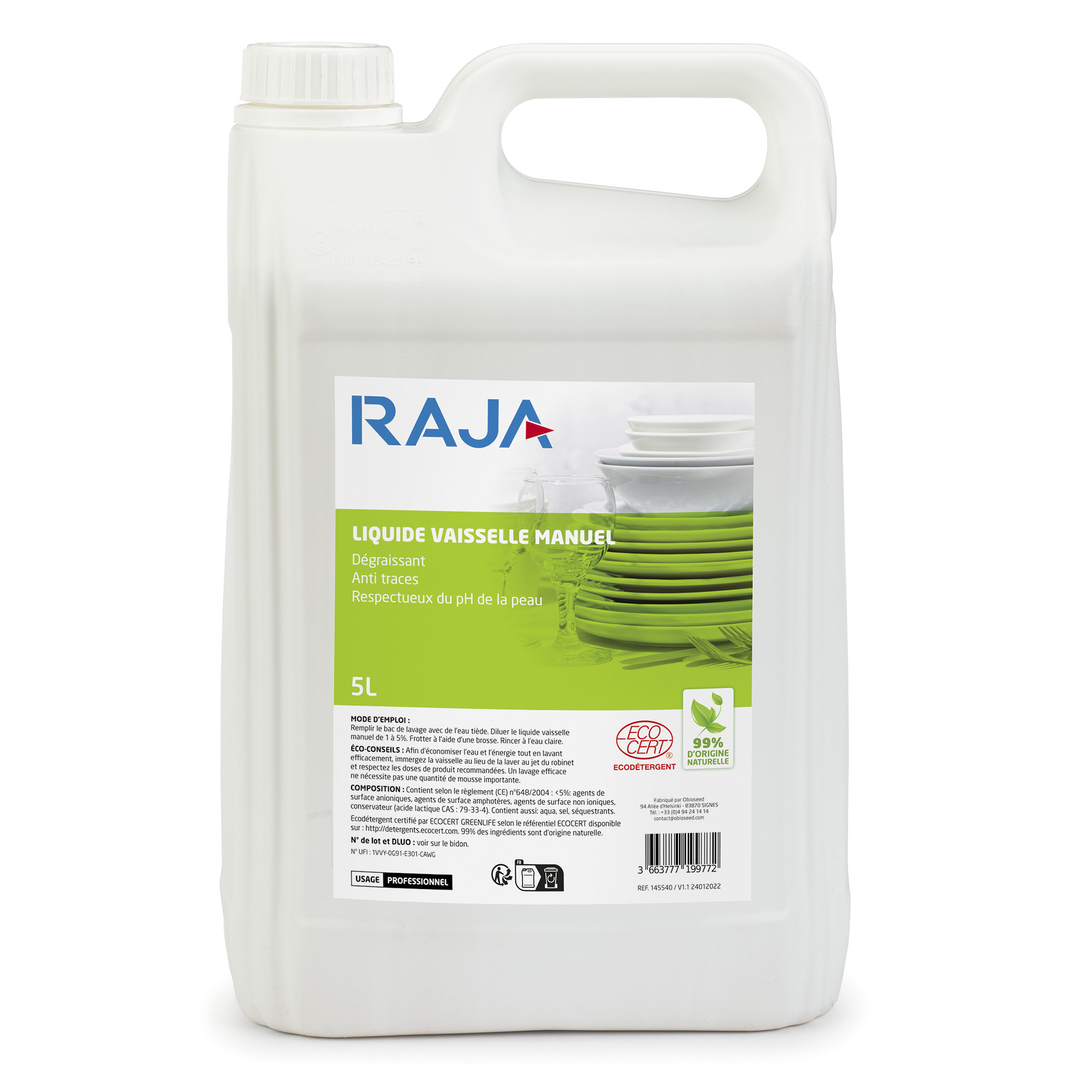 RAJA Liquide vaisselle main concentré écologique sans parfum - Bidon de 5 L