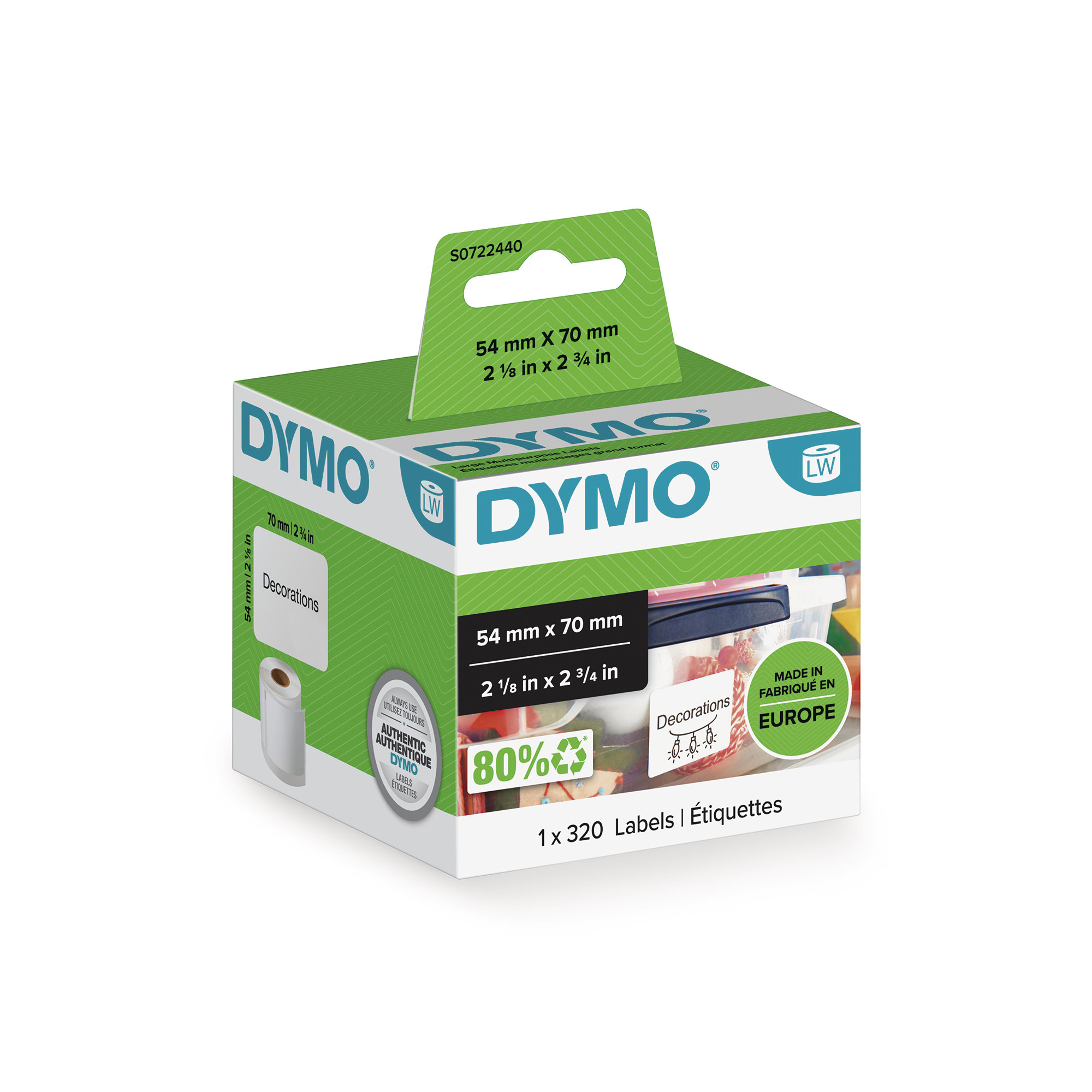 Dymo Étiquettes polyvalentes grand format S0722440 LabelWriter 54 x 70 mm Rouleau de 320