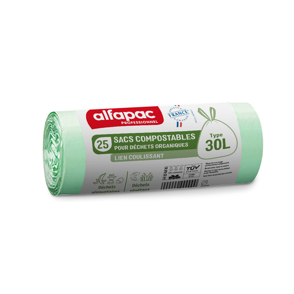 Alfapac Sac poubelle 30L compostable - Vert - Lot de 250