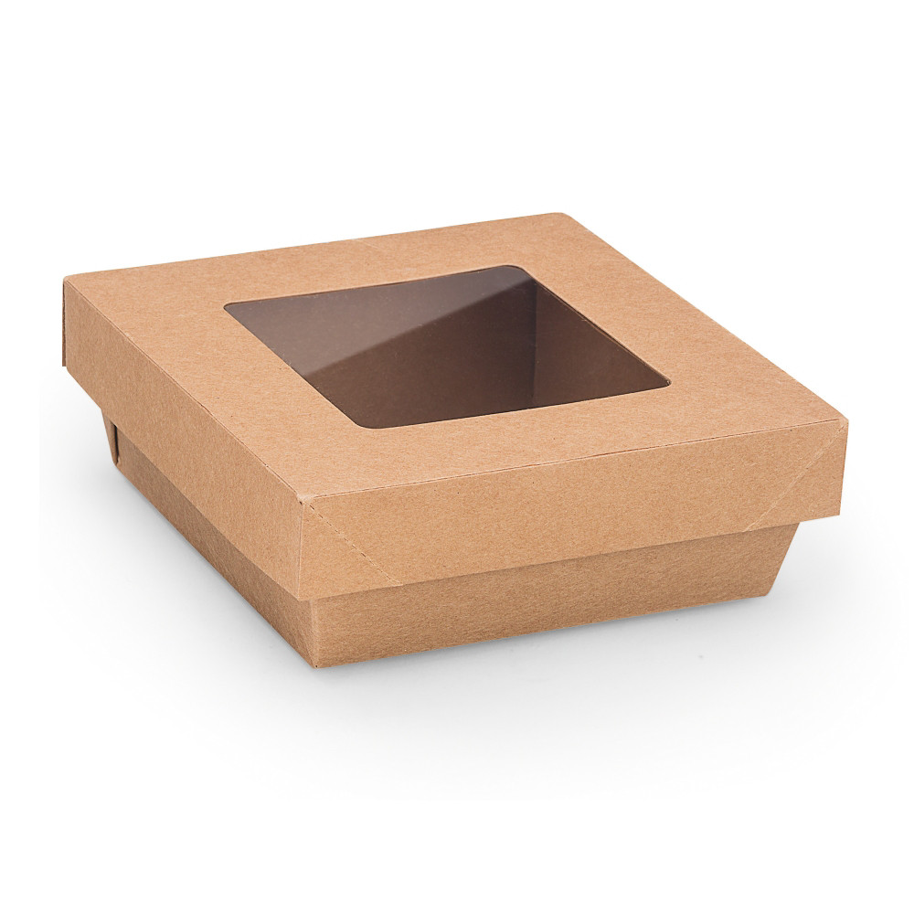 Bote en carton carre 75cl couvercle  fentre Kraft brun - lot de 50