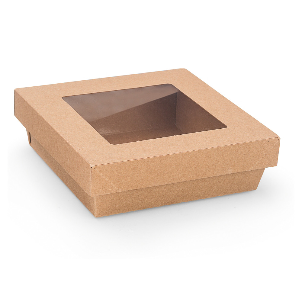 Bote en carton carre 100cl couvercle  fentre Kraft brun - lot de 60