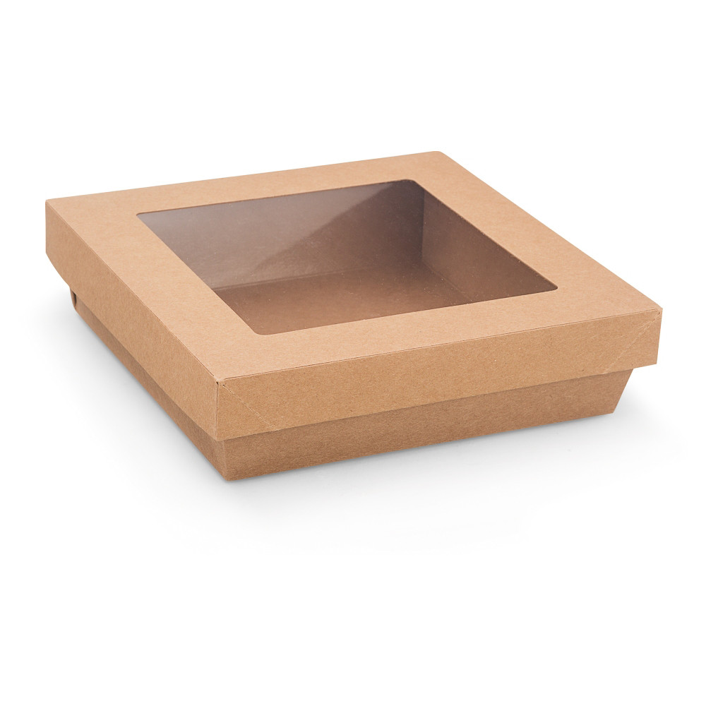 Bote en carton carre 150cl couvercle  fentre Kraft brun - lot de 40