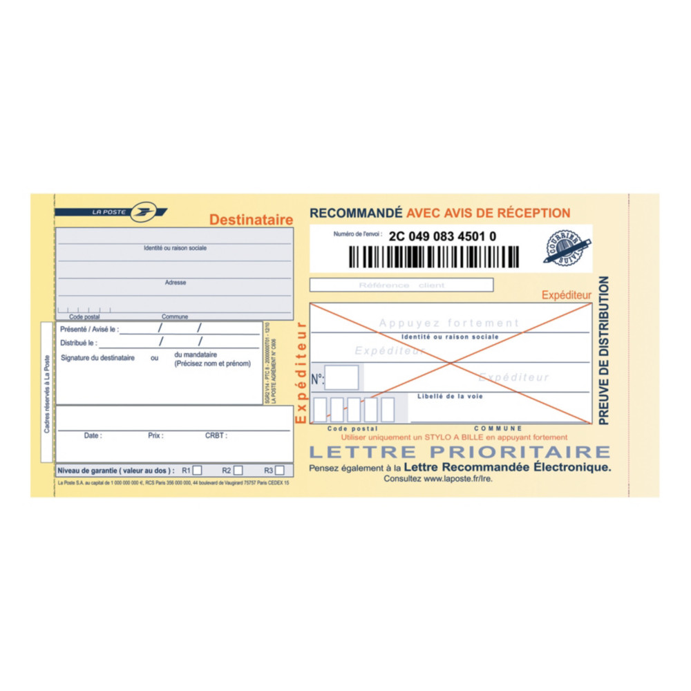 Support recommand guichet France - Boite de 100