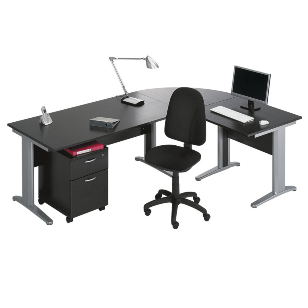 Pack Bureau complet Pronto Mtal - Plateau Noir - Pieds L Aluminium + Caisson mobile 2 tiroirs + Sige Team haut dossier Noir