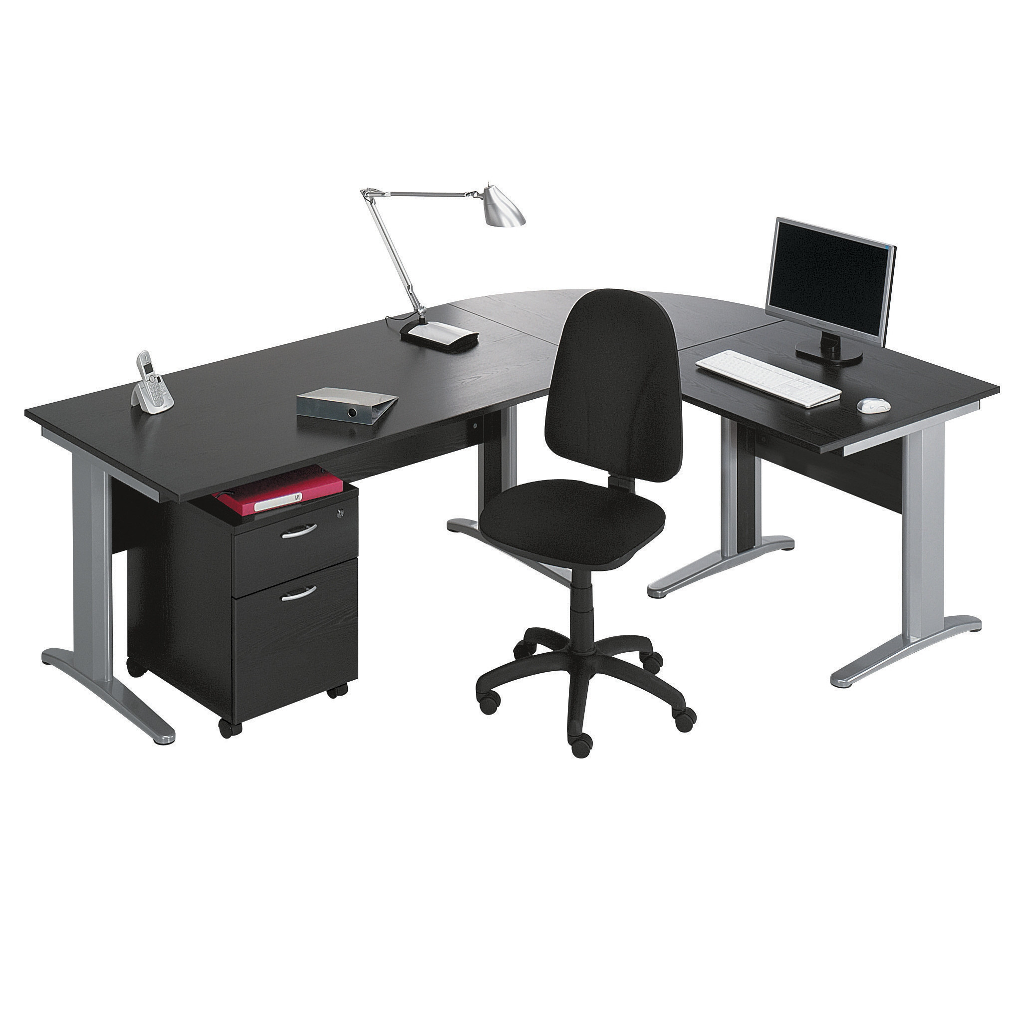Pack Bureau complet Pronto Métal - Plateau Noir - Pieds L Aluminium + Caisson mobile 2 tiroirs + Siège Team haut dossier Noir