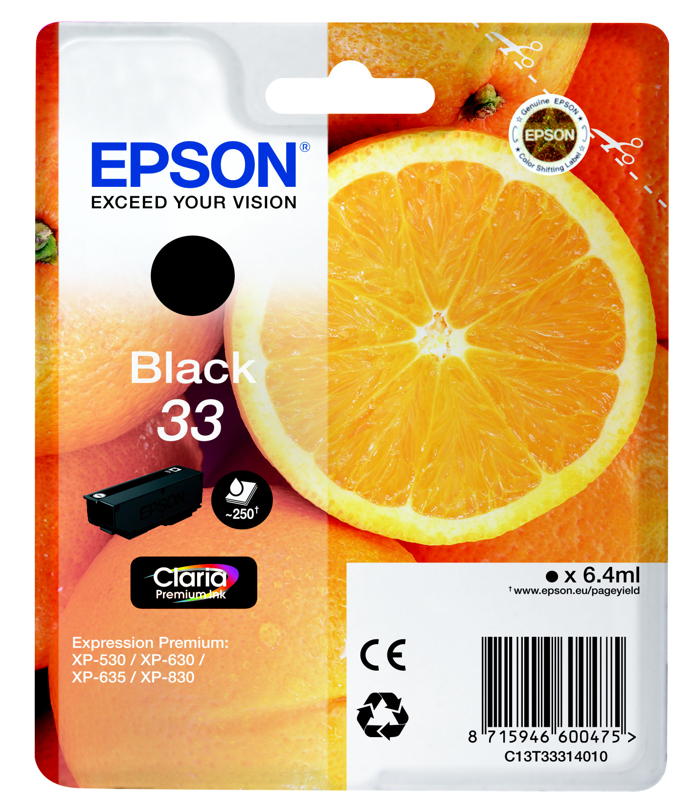 Epson 33 ''Oranges'' Cartouche d'encre originale Claria Premium C13T33314012 - Noir