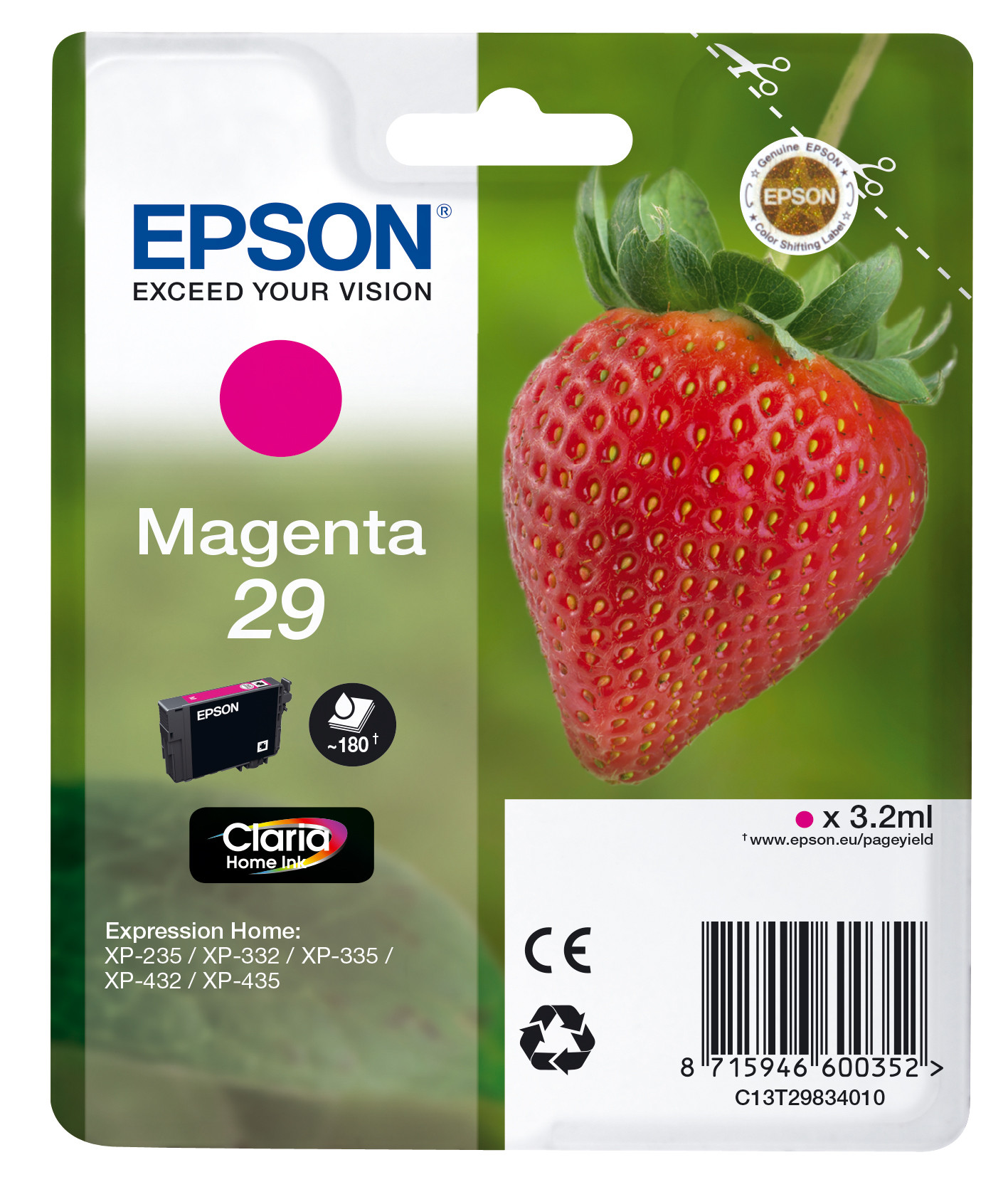 Epson 29 ''Fraise'' Cartouche d'encre originale Claria Home C13T29834012 - Magenta