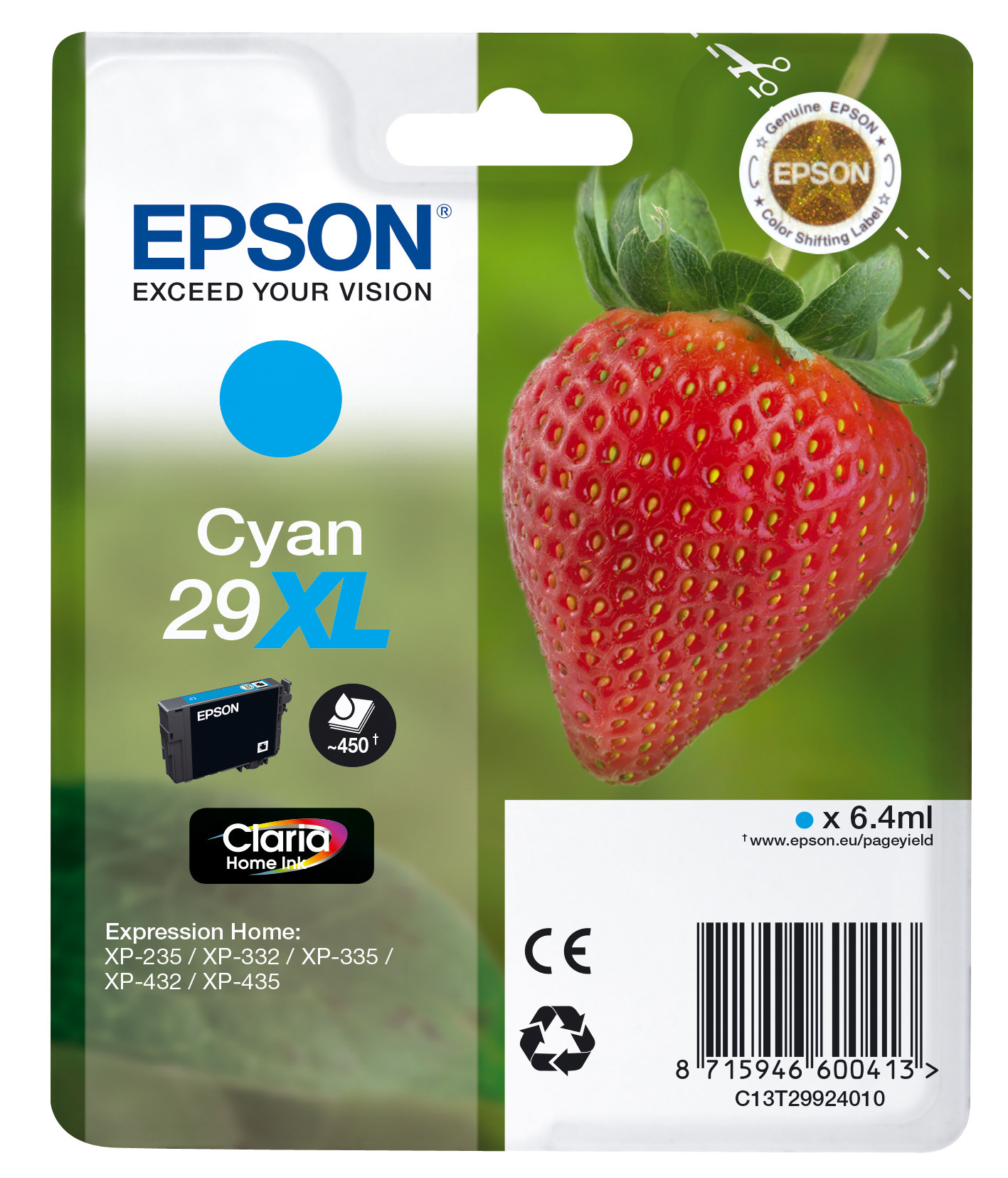 Epson 29 XL ''Fraise'' Cartouche d'encre originale grande capacité Claria Home C13T29924012 - Cyan