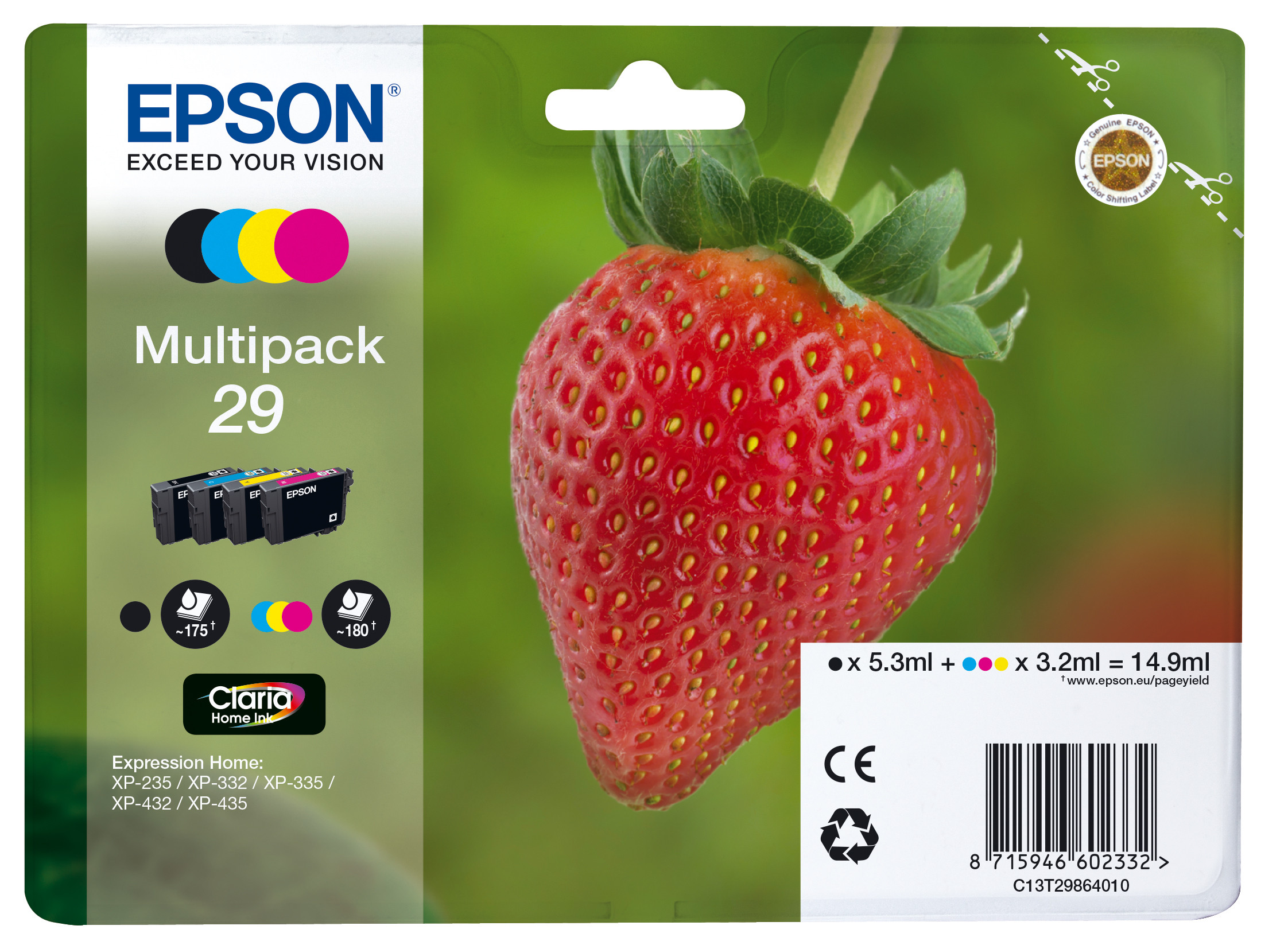 Epson 29 ''Fraise'' Cartouche d'encre originale Claria Home C13T29864012 - Pack de 4 (Noir, Cyan, Magenta, Jaune)