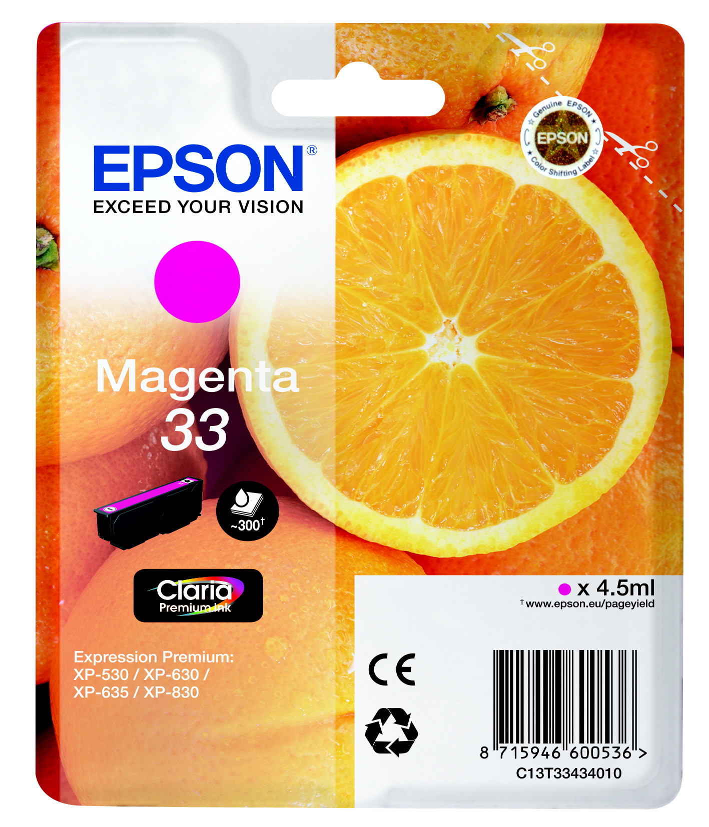 Epson 33 ''Oranges'' Cartouche d'encre originale Claria Premium C13T33434012 - Magenta